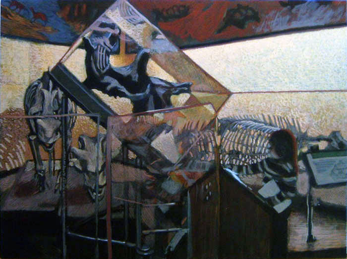 In a dark, dramatically-lit modern museum room, all tilted lucite boxes and angled lucite walls, an assortment of giant prehistoric mammal skulls and a few skeletons, the shadows and reflections of their ribs slicing the light into orange and yellow and blue shapes, and dimly lit at a console a blurred small girl, the stripes on her shirt blending into the ribs and reflections.