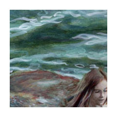 A girl's face just visible to the lower right in front of stylized rippling green waves