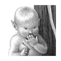 an elfin infant holding a bird leg puts a hand to her mouth