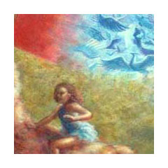 a blurred child on a blurred creature rides before blurred foliage, the sky an intersection of hundreds of blue birds