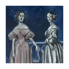 two elegant, rather sinister looking ladies in antebellum fashions lean against a railing in ambiguous darkness