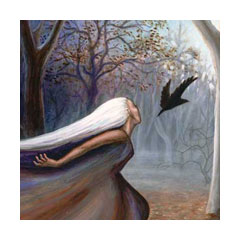 a woman swoops just behind a black bird suspended in the air in a grey forest