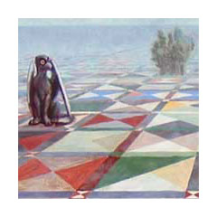 on a vast and colorful checkerboard a giant griffin gazes off
