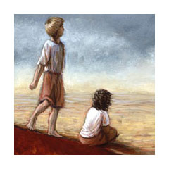 two windblown children in a hot, dry enironment look off towards the horizon