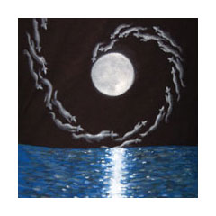 painted on fabric, ghostly hounds spiral in around a full moon above the ocean