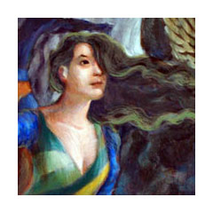 a painting of a woman with green-tinged long dark hair blowing forward