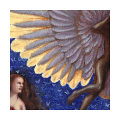 a painting depicting a woman looking on as a shadowy male figure spreads giant lavender and gold wings