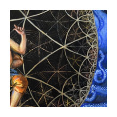 a painting of the edge of a hyperbolic fractal circle, a woman sitting within it and blue snakes without