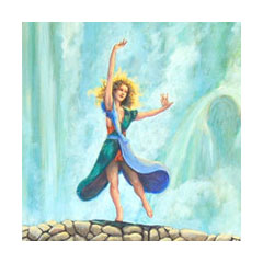 a painting of a woman dancing on a bridge in front of a waterfall