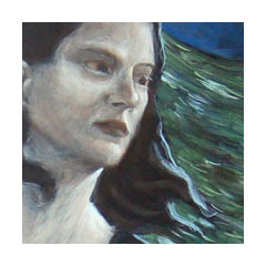 a painting of a pale woman looking with care out in front of a rising sea