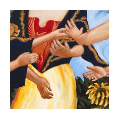 a painting of three women's hands reaching out to each other