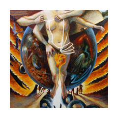 a painting of a four-armed woman amidst some complex symbolism