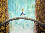 A painting, a massive waterfall takes up the entire background, its edges growing with glowing embers of trees, in the foreground an arched stone bridge, a woman dancing on one foot in the center, at each end of the bridge a support construction of beams and dark wooden rings