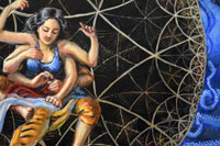 Part of a painting showing Athena, multi-armed, sitting in and working on the garments in the center of a circle with hyperbolic geometry with spiderwebs vanishing to infinity at the edge, and just a few blue snakes visible at the edge