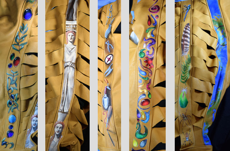 Five tall narrow photographs of painted leather strips down the breeches; one of olive branches and gemstones in settings; one of caryatid columns; one of tools of art and craft; one of multicolored unset stones; one of natural objects, two feathers, a fernleat, a dragonfly, two spiders; and one of an unlabeled map with a magnifying glass