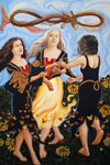 A tempera painting of three dancing women wearing variations of the dress and top, as a snakelike dragon biting its own tail spins in the air above them