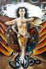 A tempera painting of a woman standing on a serpent with firey wings behind her, four arms and a mane of glowing white hair