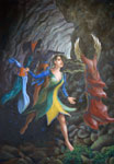 A painting of a  woman inthe Persephone garments striding through a cave towards greenery and ivy, the other divine garments following in her wake